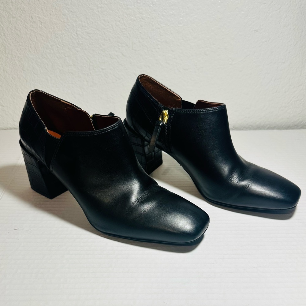 VIONIC Ankle Booties Black Size 6.5 Crocodile Block Heel Linda Leather‎ Shorties